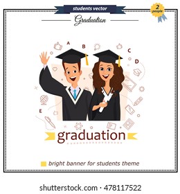 Vector group of graduation students isolated on a white background. Concept of education. Cute and simple flat cartoon style. Young guys and girls. Students characters. People in academic cap and gown