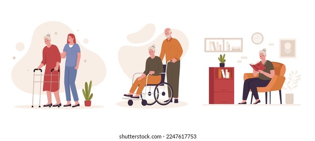 Grupo vectorial de personajes de dibujos animados del abuelo conjunto de vectores. Ilustraciones para sitios web, páginas de inicio, aplicaciones móviles, afiches y banners. Ilustración vectorial plana de moda