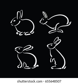 Vector group of hand drawn rabbit on black background. Wild Animals.