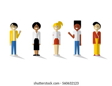 Vector group of international multinational cartoon students mixed ethnic diverse flat set vector illustration including Korean, Indian, Caucasian and African.
