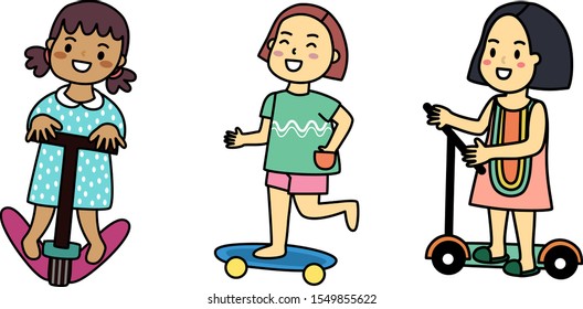 vector of group of kids are playing speed play tool mobile, scooter and skateboard