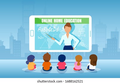 Vector Of A Group Of Kids Watching Online Teacher Class On Tablet Computer. Internet Education At Home Program Concept