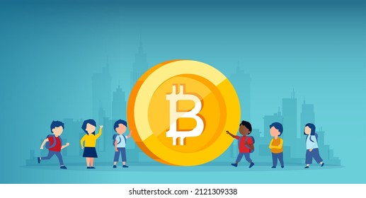 Vector of a group of little children standing next to a bitcoin 