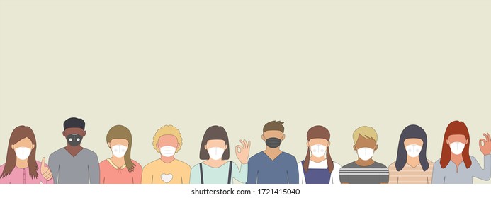 Vector - Group of man and woman wearing surgical face mask or N95 to protect dust, pollution (PM 2.5), Coronavirus (Covid-19). Flat image. New normal. Copy space for any text design.