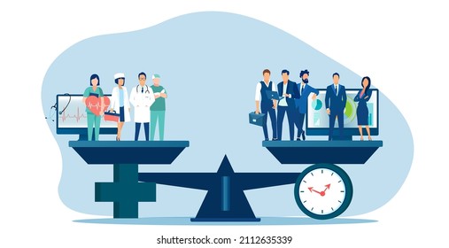 Vector of a group of medical professionals and a group of business people standing on the scales 