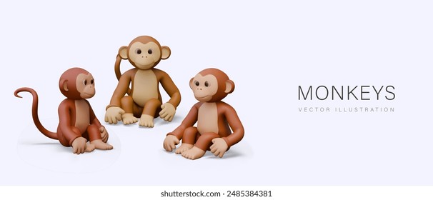 Vector group of monkeys in realistic style. Wild animals, primates