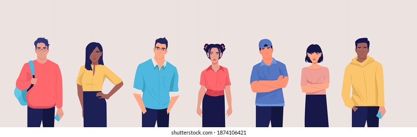 Vector of a group of multicultural students young men and women in casual clothes. 