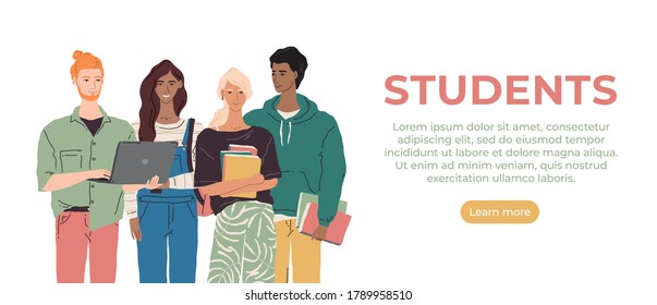Vector group of multiethnic young people with books and laptop. Modern student character illustration. College boys and girls learning together. International education team concept banner