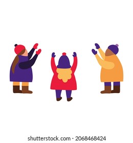 vector group of multiracial kids waiting for something with raised hands. Small children in winter clothes on the street. Template for a banner with copy space. Children shout and play.
