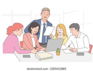 Vector of a group of office workers wearing colorful clothes brainstorming meeting