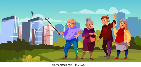 Vector group of old people with selfie stick at green park. Cartoon senior characters making photo. Trendy modern grandparents walk outside. Happy pensioners at retirement.