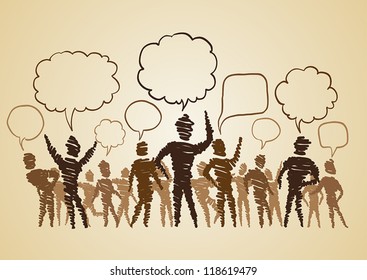 Vector of group of people with chat bubbles (doodle art)