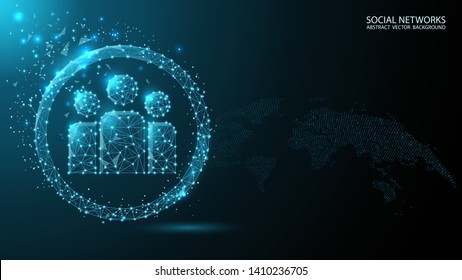 Vektorillustration Gruppe Leute chatten Icon. Karte des weltweiten Kommunikationsnetzes. Abstrakte Maschenlinie und Punktwaagen auf futuristischem, dunkelblauem Hintergrund. polygonale 3D-Netzleitung.