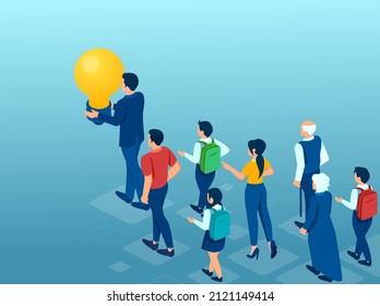 Vector of a group of people of different age follow the leader holding a light bulb.