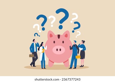 Vector de un grupo de personas de diferentes ocupaciones paradas al lado de un banco de cerdos pensando en su futuro financiero y planes de retiro 