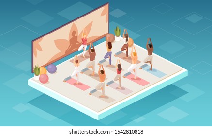 Vector of a group of people doing yoga exercises in a studio or fitness center. Healthy lifestyle concept