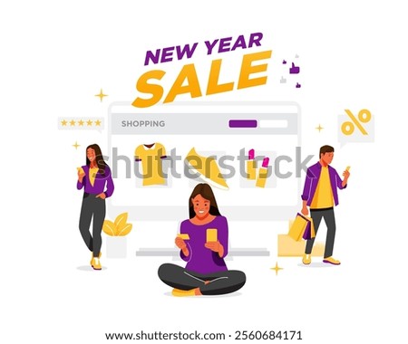 Vector of group of people exciting to shopping in e commerce on new year sale event
