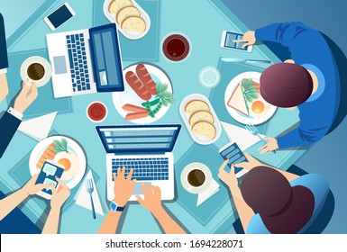 Vector of a group of people a family sitting at table using their smart phones, and mobile gadgets chatting and texting nessages obsessed with social media ignoring each other 