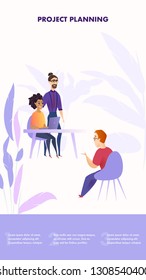 Vector Group People Gathered for Project Planning. Banner Illustration Company Workflow in Office. Guy Sitting in Chair Speaks to Man with Glasses and Girl Working Laptop, his Thought for Project