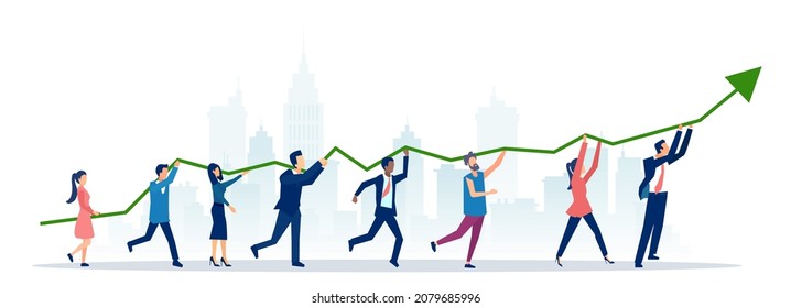 Vector Of A Group Of People Lifting Up A Financial Graph And Arrow On A City Background 