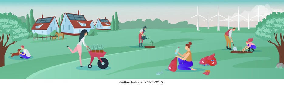 Vector Of A Group Of People Living In Green Rural Area Cooperating For Environmental Protection Recycling Waste, Planting New Trees Plants Using Renewable Resources Of Energy