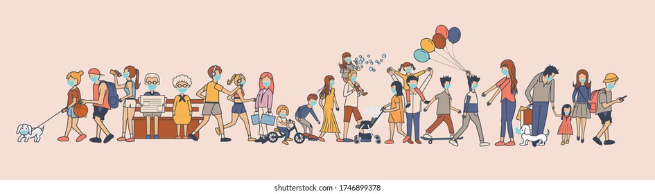 Vector group of people new normal cartoon character wearing medical masks to prevent disease