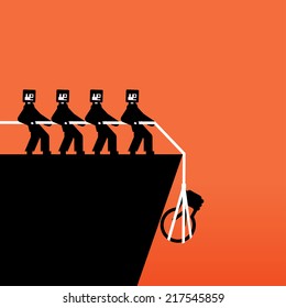 Vector group of people pulling a rope with a light bulb