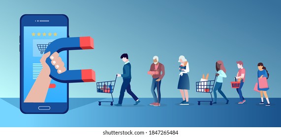 Vector of a group of people shoppers  being attracted by social media app platform