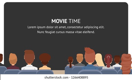 Vector Group People Sitting in Cinema. Movie Time. Banner Illustration Men and Women Waiting Watch Movie. Presentation an Educational Video. Modern Cinema Educational Plan. Black Screen with Caption