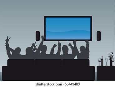 vector Group of people sitting on a sofa watching an event enjoying their home cinema - paste your own image