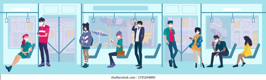 Vector Of A Group Of People Standing And Sitting  In The Subway Bus In Protective Face Masks