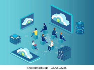 Vector of a group of people using computers and cloud services 