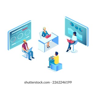 Vector de un grupo de personas que trabajan en gráficos de análisis de computadoras y datos gráficos