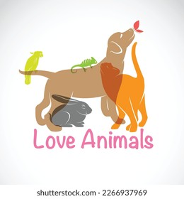 Vector group of pets - Dog, cat, parrot, chameleon, rabbit, butterfly, isolated on white background, Easy editable layered vector illustration. Animals.