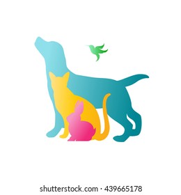 Vector Group Of Pets - Dog, Cat, Rabbit,  Humming Bird Isolated On White Background. / Vector Pets For Your Design.