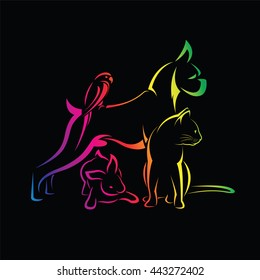 Vector group of pets - Dog, cat, bird, rabbit, isolated on black background