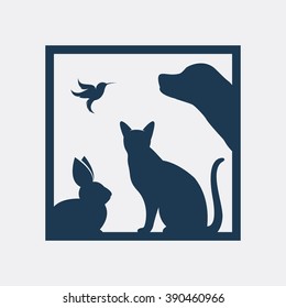 Vector group of pets in the frame - Dog, cat, bird, rabbit, Isolated on a white background
