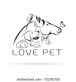 Vector Group Of Pets - Horse, Dog, Cat, Bird, Butterfly, Chameleon ,rabbit Isolated On White Background. Pet Icon.