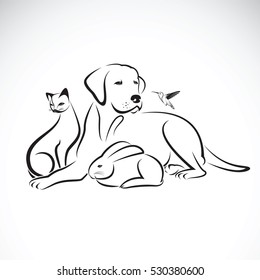 Vector group of pets on white background.  Dog, Cat, Humming bird, Rabbit,