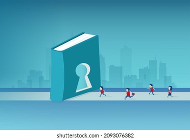 Vector of a group of a primary school children running through a keyhole in the book 