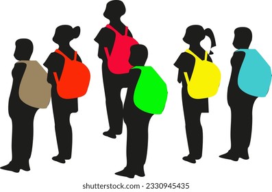 Vector group of pupils with school bags. Scoolgirls and schoolboys are standing with school bags. Silouettes of pupils. School bags of different colors. School studing. Schoolchildren teenagers.