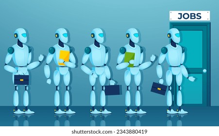 Vector of a group of robots waiting for job interview replacing humans 