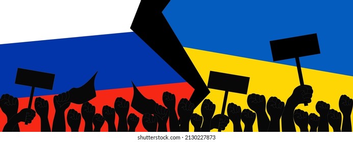 Vector - Group of Russian and Ukraine protester. Many fist or punch. Revolution, protest, strike concept. Silhouette. Copy space.
