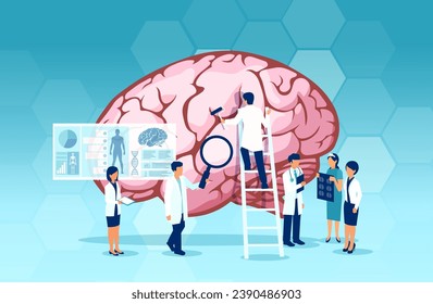 Vector of a group of scientists and doctors study human brain and psychology. Medical neurology research concept 