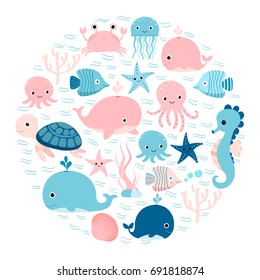 Vector group of sea animals and underwater creatures in circle shape for greeting cards, backgrounds and children designs