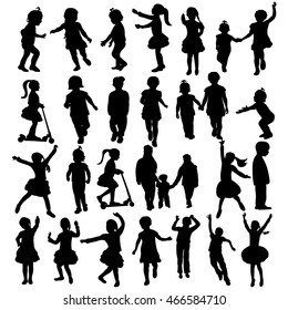 vector, group of silhouettes of children playing and dancing set