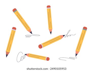 Vector Group Of Six Yellow Pencils With Red Erasers Are Scattered Across A White Background, Cartoon Illustration