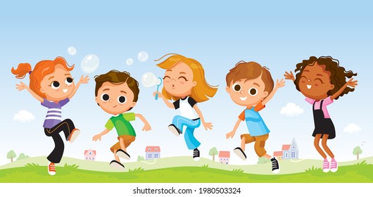 Vector group of smiling, jumping, blowing soap bubbles children having fun outdoors on summer day with country background. Group of pupils on outdoor break. Classmates fooling around, enjoying summer.