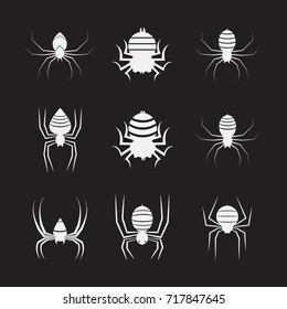 Vector group of spiders on black background. Insect. Animals. Spiders Icon.