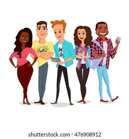 Vector group of students with books and gadget isolated on a white background. Different nationalities and dress styles. Cute and simple flat cartoon style. young guys and girls. students characters.
